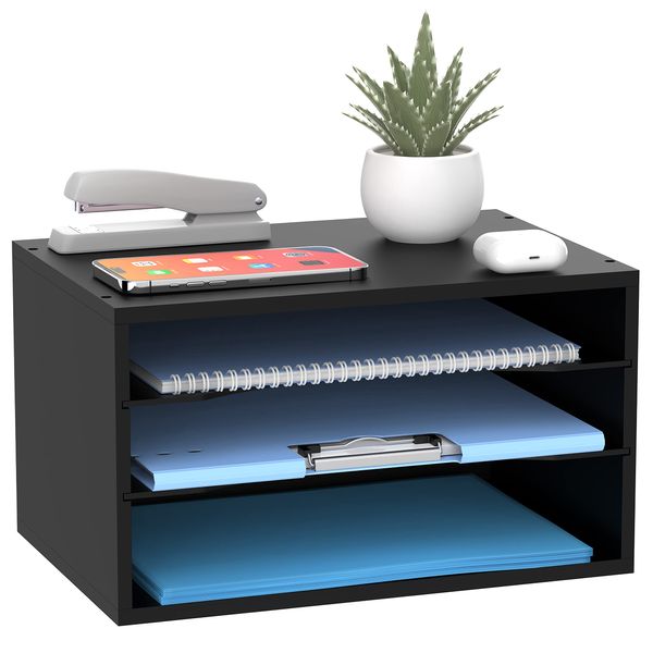 SHARKWOODS 3-Tier Paper Organizer for Desk, Wood Desktop Organizer with Adjustable Letter Tray, Mail Sorter for Office School & Home, Black