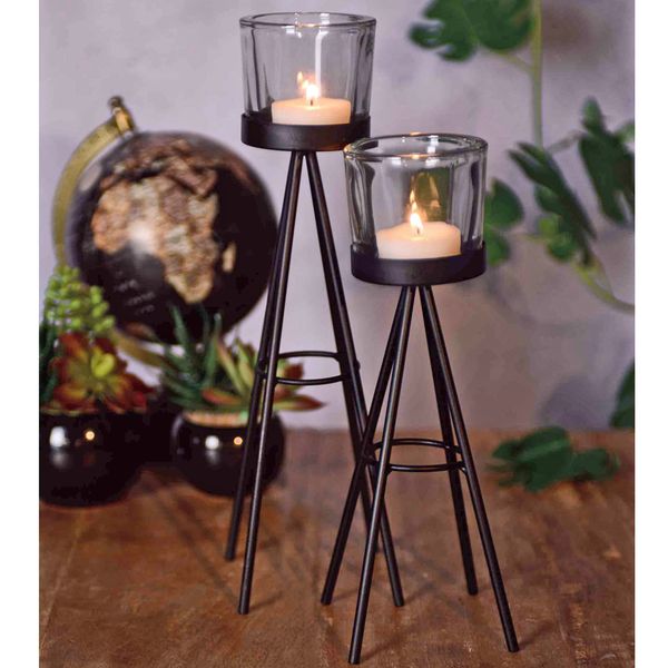 2 Metal Tea Light Candle Stick Stand Glass Holder Set 8x19cm & 8x24cm