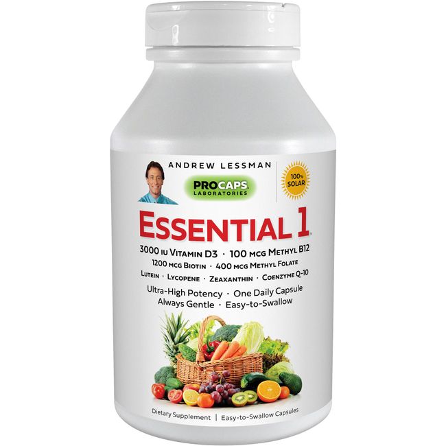 ANDREW LESSMAN Essential-1 Multivitamin 3000 IU Vitamin D3 180 Small Capsules – 100 mcg Methyl B12. CoQ10 Lutein Lycopene Zeaxanthin. High Potency. No Additives. Gentle Ultra-Mild. One Daily Capsule