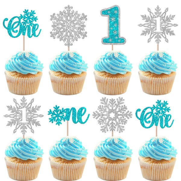 Rsstarxi 24 Pack Snowflake One Cupcake Toppers Glitter Winter Onederland Snowflake 1st Birthday Cupcake Picks for Snowflake Theme Baby Shower First Birthday Party Cake Decorations Blue