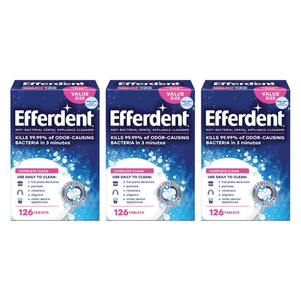 Efferdent Retainer Cleaning Tablets, Denture Cleaning Tablets for Dental Appliances, Complete Clean , 126 Count, (Pack of 3)