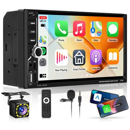 Wireless Carplay Double Din Car Stereo,7 Inch 1080P Touch Screen,Android Auto,5.1Bluetooth Car Audio with HD Backup Camera,EQ,GPS,Mirror Link,SWC,7-Color Backlight,AUX/USB/U Disk,External Mic