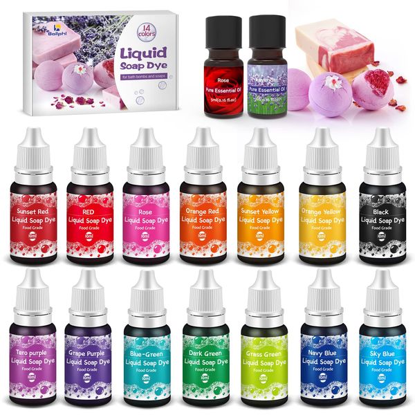 Seifenfarbe Set,14 Farben Flüssige Seifenfarben für die Seifenherstellung Lebensmittelqualität Flüssigseifen Farbe Pigment für Schleim,Badebomben,Badesalze,Epoxid Harz, Eierfärben,Ostereier