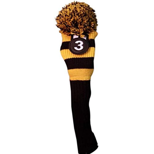 Majek #3, 4, 5, & 6 Hybrid Combo Pack Rescue Utility Black & Yellow Golf Headcover Knit Pom Pom Retro Classic Vintage Head Cover