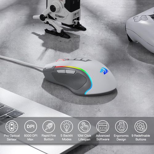 Redragon M612 RGB Gaming Mouse, 8000 DPI Wired Optical Gamer Mouse with 11 Programmable Buttons & 5 Backlit Modes, Software Supports DIY Keybinds Rapid Fire Button, Gray&White