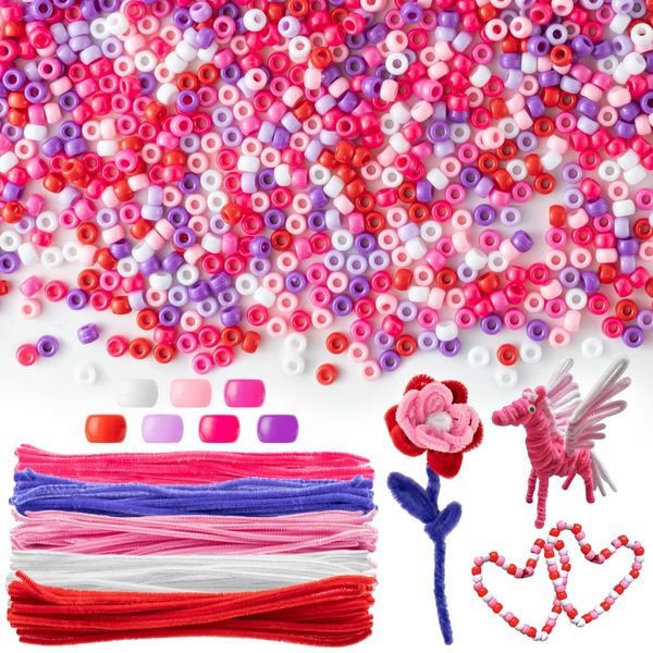 1500Pcs Valentine's Day Pony Beads with 100Pcs Chenille Stem Pipe Cleaner Craft Bead with Crafting Pipe Kit Plastic Perforated Spacer Beads Set for Valentine's Day DIY Crafts Jewelry Making Supplies