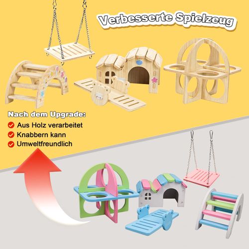 Pack of 5 Wooden Hamster Toys, Hamster Hideout House DIY Bridge Seesaw Swing and Training Toy Cage Decor Accessories Hamster Playground for Gerbils, Rats and Dwarf Hamsters