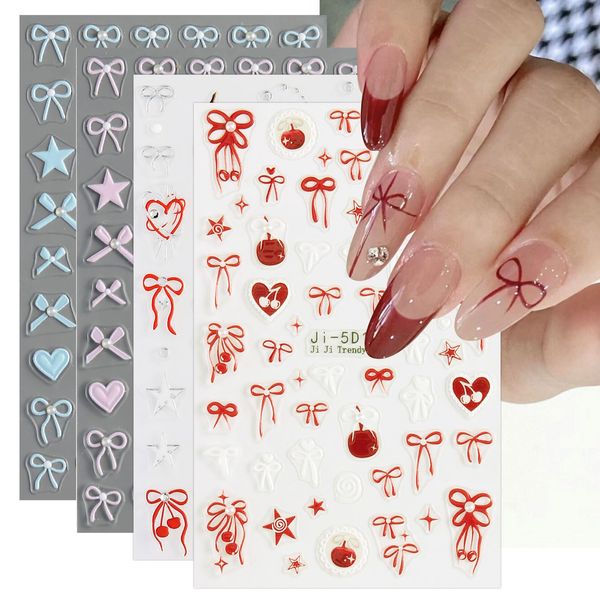 JMEOWIO 3D Cravatta A Farfalla A Cuore Adesivi Unghie Nail Art, Stickers Unghie Autoadesivi 5D Decorazioni Unghie Nail Art Disegni 4 Fogli