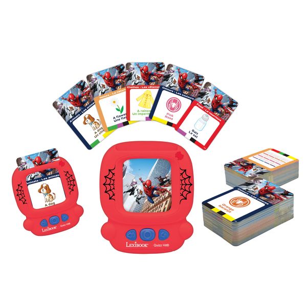 LEXiBOOK, Spiderman, Bilingual Interactive Card Reader, Spanish/English, 150 Double-Sided Educational Cards, Educational Quiz & flashcard Machine, Red/Blue, JCR10SPi2