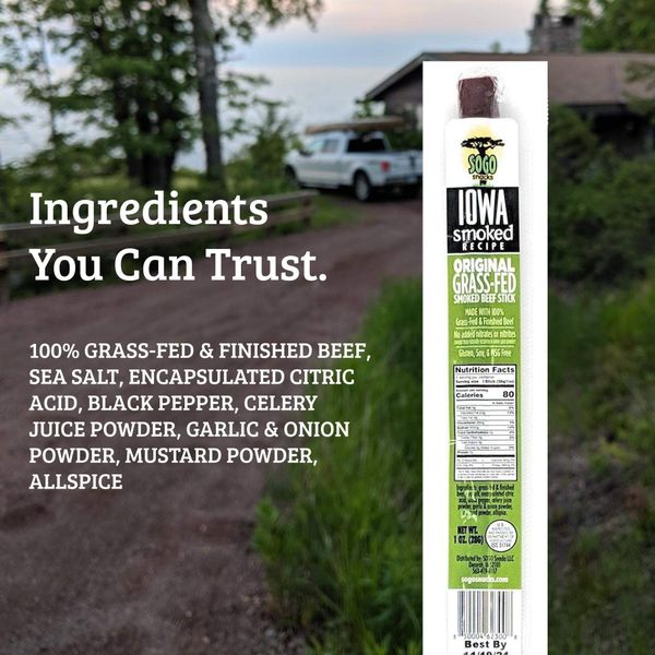 Original - Iowa Smoked Recipe, Sogo Snacks, Sugar Free Beef Jerky, Non-GMO Grass Fed Beef Sticks. No Nitrates, Gluten, Soy, MSG, Dairy, or Nuts. Paleo, Whole30, & Keto Snack (Original-ISR, 72 Cnt)