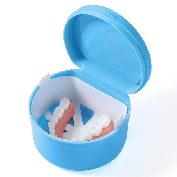 Annhua Dental Retainer Case with D Shape, Denture Box with Filter Basket for Denture Cleaning, Invisible Aligner，Mouth Guard Brace (Blue）