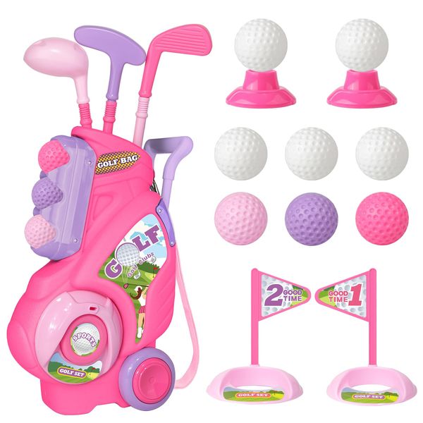 Popsunny Toddler Golf Set for 2 3 4 5 Years Old Girls Boys, Upgraded Kids Golf Cart with Golf Clubs & 8 Balls, Outdoor Indoor Sports Toys Birthday for Little Golfers, Pink