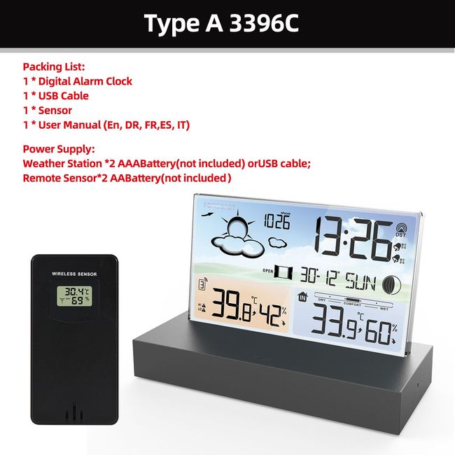 Wireless Weather Station Color LCD Digital Home Humidity Temperature Alert  Meter Moon Phase Forecast Sensor Wall Table Clock