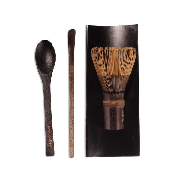 BambooMN Matcha Whisk Set - Black Chasen (Tea Whisk), Black Tray, Black Chashaku (Hooked Bamboo Scoop), Black Tea Spoon - 1 Set