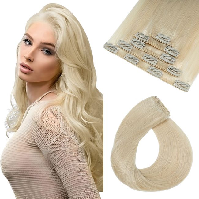 Elailite 5 PCS Echthaar Extensions Clip - Clip in Extensions Haarverlängerung - 12 Clips Clip Extensions Echthaar Günstig - glatt - 16"(40cm 60g) #60 Platinblond