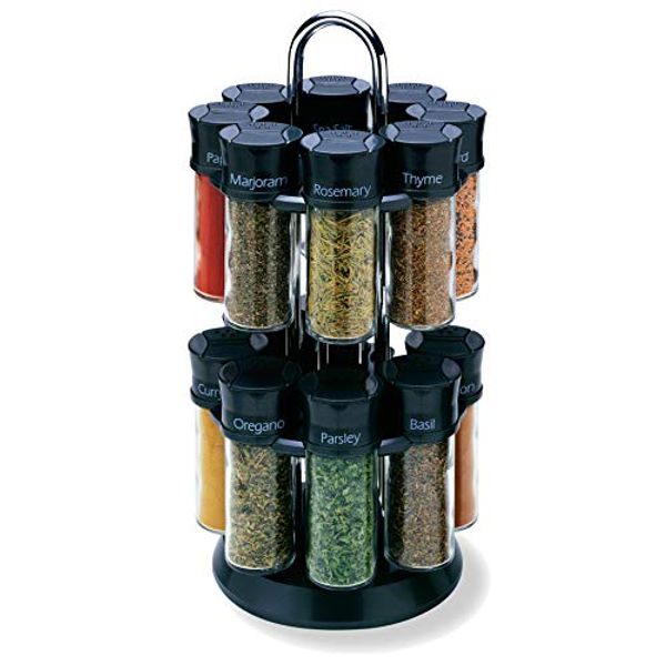 Olde Thompson Chrome- Plated Rotating Spice Rack, 16 Refillable Spice Jars With Shaker Tops And Labeled Lids For Frequently Used Spices