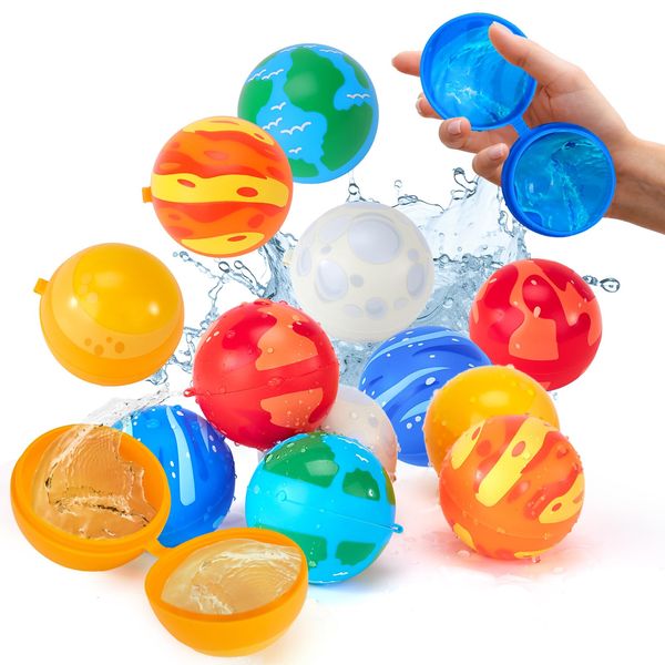 Reusable Water Balloons for Kids-12 Pcs Refillable Water Ball Quick Fill Splash Balls for Summer Beach Toys Outdoor Activities Pool Toys for Boys Girls Age 3 4 5 6 7 8+ for Party Yard Water Fight Game