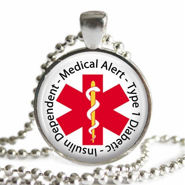 Type 1 Diabetic Insulin Dependent Medical Alert Necklace Glass Top Pendant Chain