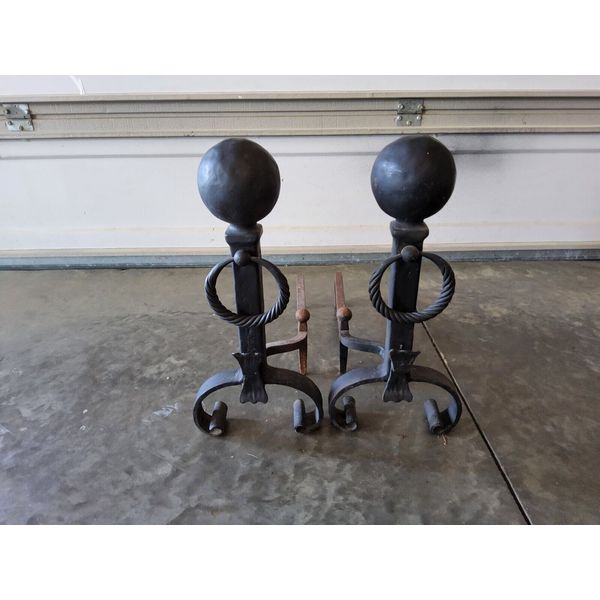 Antique Cast Iron Fireplace Andirons Cannonball/Ring Heavy Early American Style?