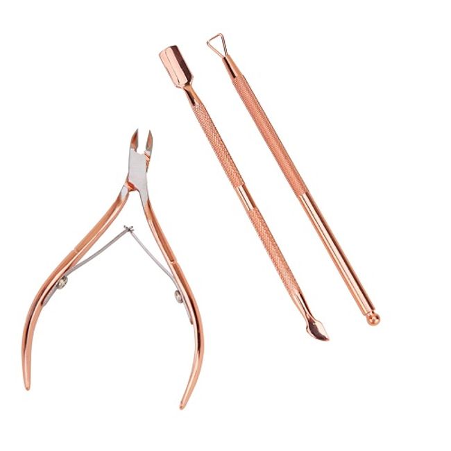 Nail care 3-piece set [Rose Gold] 1 nail pusher + cuticle nipper + scraper cuticle treatment stainless steel remover tool metal pusher cuticle pusher loose skin nail cuticle treatment base preparation new