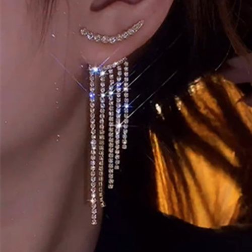 TseenYi Crystal Rhinestone Ear Jacket Earrings Boho Chandelier Tassel Earrings Silver Crystal Ear Climber Earrings Long Rhinestone Tassel Earring Crystal Fringe Earring Jewelry for Women and Girls