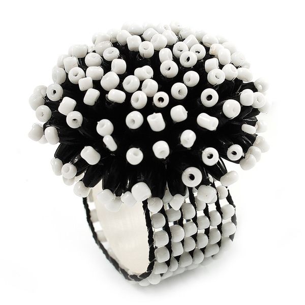 Avalaya Black & White Glass Floral Stretch Ring