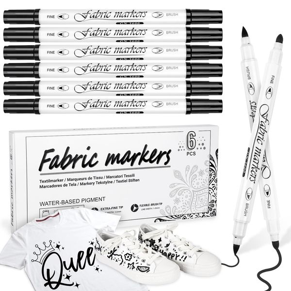 Black Fabric Markers Permanent for Clothes: Dual-Tip Fabric Marker 6 Pack, Waterproof, Non-Toxic Fabric Pen, Used to Make Gifts for Friends, Suitable for T-Shirts, Shoes, Canvas Bags, Hat, Textiles