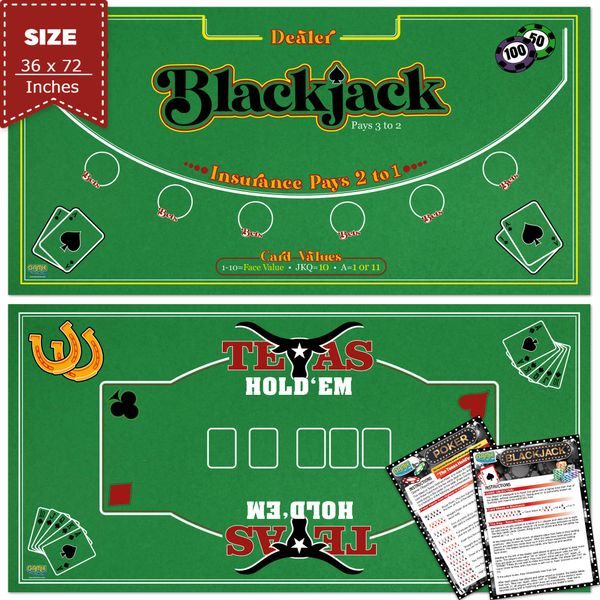 Gamie Double Sided Felt Casino Mat, 36” x 72” for Blackjack & Texas Hold’em Poker, 2-in-1 Texas Holdem Poker Mat & Blackjack Mat, Professional Grade Felt Poker Tabletop Mat with Instructions Booklet