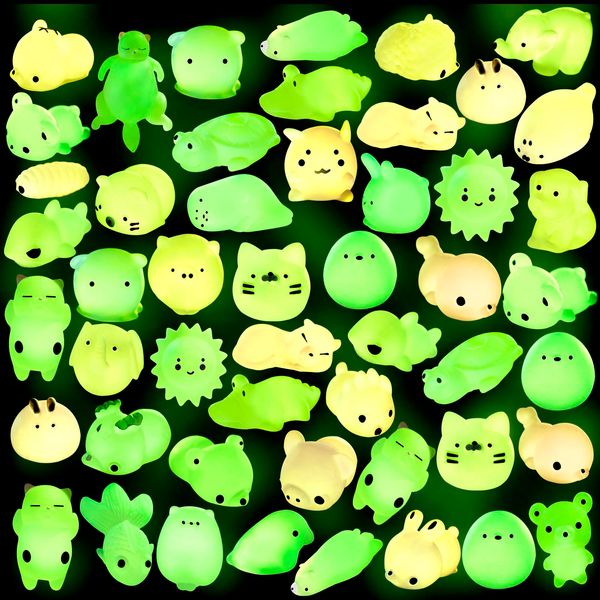 Outee 50 Pcs Mochi Toys Mini Mochi Animals Toys Glow in The Dark Toys Stress Relief Toys Bulk Mochi Cat Random Halloween Kids Party Favors for Goodie Bag