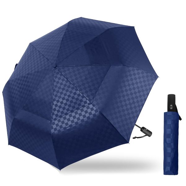 Satol 62 Inch Large Automatic Golf Umbrella, Windproof Double Canopy Vented 8 Ribs Sturdy Folding Umbrella, UPF 50+ Portable Wind Resistant Sun & Rain Compact Umbrellas for Travel (Navy Blue)