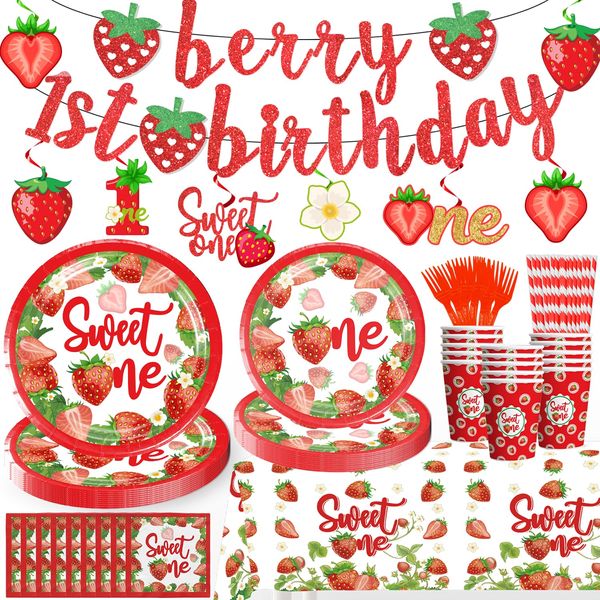 Yingoto 150pcs Strawberry First Birthday Decor Tableware Set for 20 Guests, includes Berry First Birthday Banner Hanging Swirl Paper Plate Cup Fork Straw Napkin Tablecloth Sweet One Birthday Party