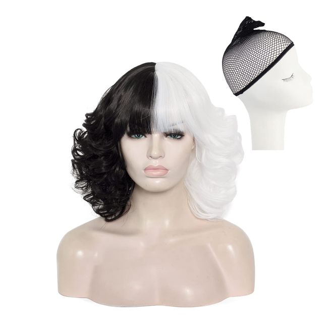 Cruella Deville Wigs for Women Black and White Wigs Short Bob Wig Wavy Curly Wigs Halloween Cosplay Party Wig with Free Wig Cap (black and white)