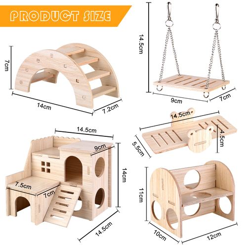 Vegena Pack of 5 Wooden Hamster Toys - DIY Hamster Toy - Hamster Hideout House Bridge Rocker Swing Training Toy, Hamster Accessories for the Cage for Gerbils Rats Dwarf Hamsters