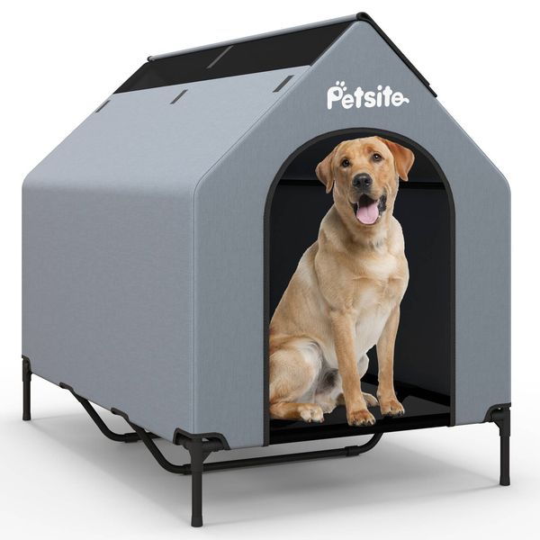 52" Elevated Dog House for Large Breeds Large Pet House w/ Ventilated Windows