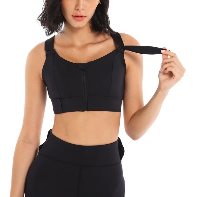 SEAUR Sport-BH Feste Brustpolster Frontreißverschluss Damen-BH mit Verstellbaren Trägern Hochschlagfester Training Bustier für Laufen Yoga Schwarz 1 L