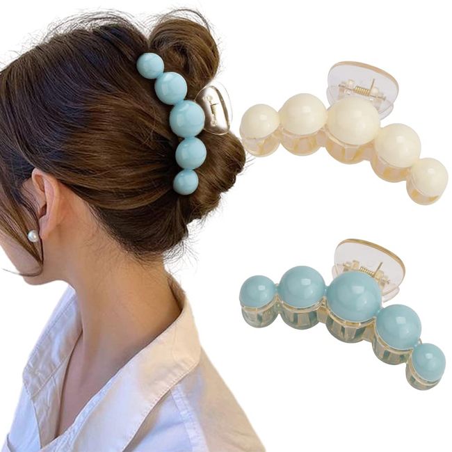 Canitor 2 PCS Acrylic Pearl Hair Clips for Women Teen Girls Hair Claw Clips for Thick Thin Hair Elegant Hair Accessories for Daily Wedding (White+Blue)