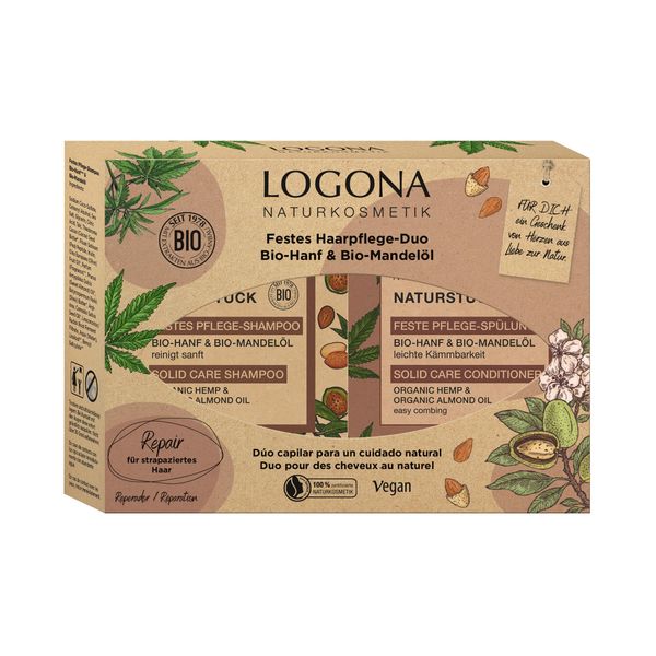 LOGONA Naturkosmetik Haarpflege Set mit festem Shampoo und Conditioner, Geeignet für strapaziertes Haar, Vegane Formel mit Bio Hanf und Bio Mandelöl, Geschenkset Haar-Duo Naturstücke, 1 Stück