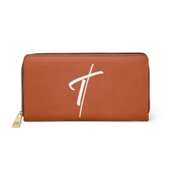 Womens Wallet, Zip Purse, Rust Brown & White Cross - One size