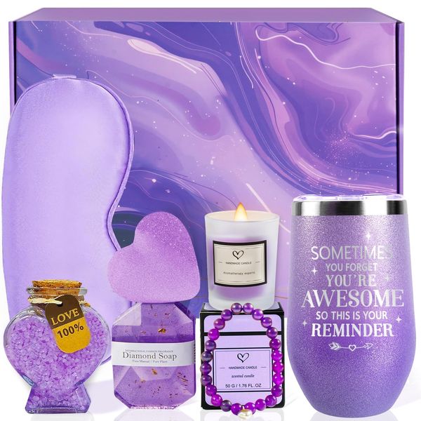 Birthday Spa Gift Basket for Women Purple - Relaxing Self Care Gift Box for Women Bath Set with Shiny Wine Tumbler for Her Mom Wife Girlfriend Sisters Christmas Gift Ideas