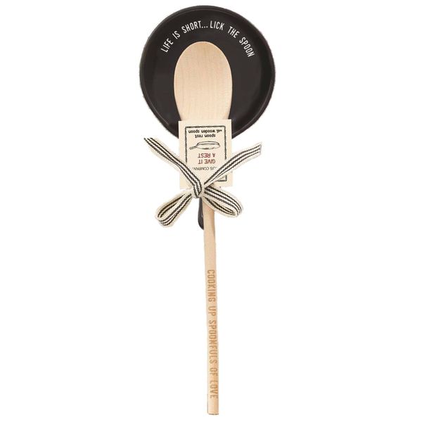 Giftable Wooden Spoon and Cast Iron Spoon Rest Set with Cute Sayings - Lick the Spoon