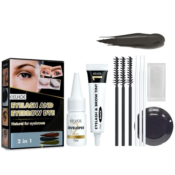 Brow and Lash Tint Set, 2-in-1 Brow Tint Kit, Quick and Easy Brow Tint Kit, Formulated Brow Tint with Fibres for Volumising and Thickening Lashes, Long Lasting Curl Mascara and Thick Brows (Black)