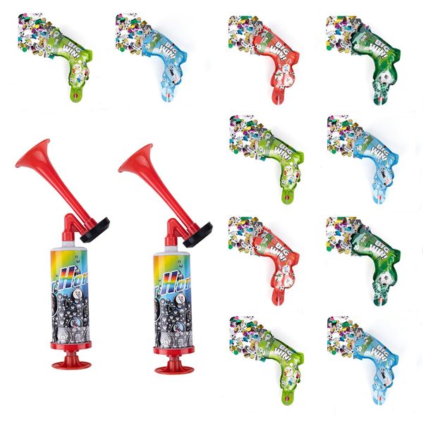 Handheld Horns, Soccer Air Horn Hand Push Pump Children Party Noisemaker Cheer-leading Fans Horn Trumpet 2pcs, with 10pcs Inflatable Fireworks Guns, Party Toys Confetti Fireworks