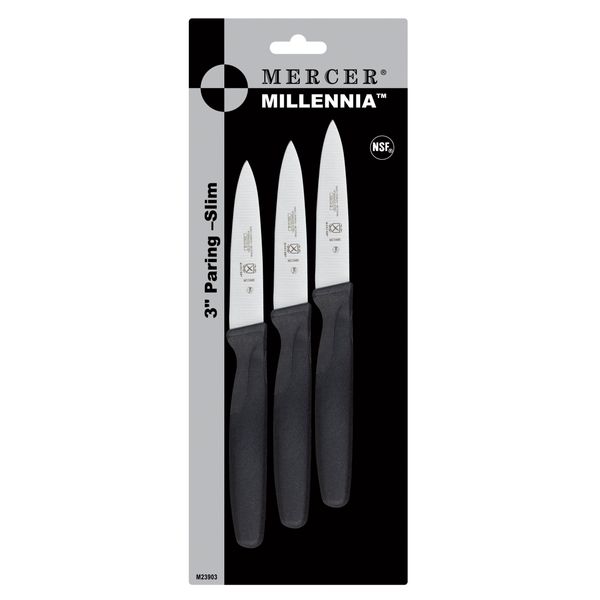 Mercer Culinary Millennia 3-Inch Paring Knife Knives-Slim (3-Pk.), Stainless Steel, Black, 15x10x3 cm