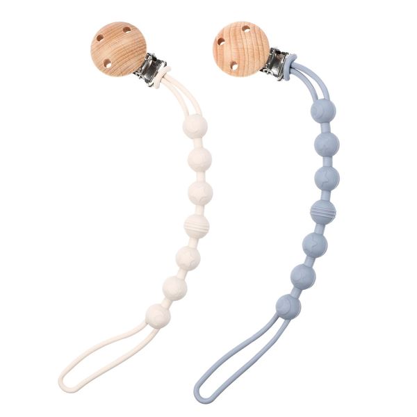 Pacifier Holder Set of 2 Wooden Silicone Pacifier Strap Clip [Lelimo] (Blue & Ivory)