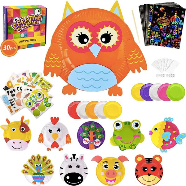 30Pcs Round Paper Plate Art Kit for Kids Animals Paper Plates Art Sets DIY Kids Craft Set Educational Toys for 3-12 Year Olds Preschool Education Boys and Girls,Christmas, Halloween, Birthday Gifts