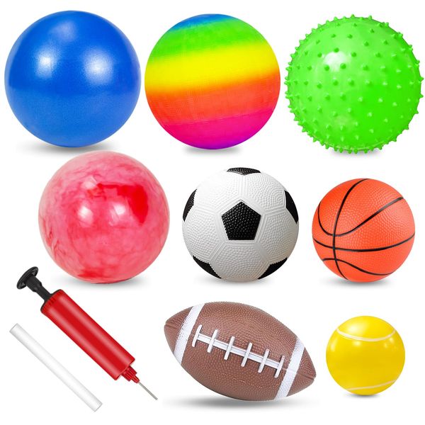 8 Pcs playground ball for Kids, Set of Soccer Ball, Basketball, Tennis Ball, Rugby Ball, Bounce balls, playground balls for kids age 3-8-12, Soft rubber ball Bouncy with ball Pump, Outdoor Gifts Games