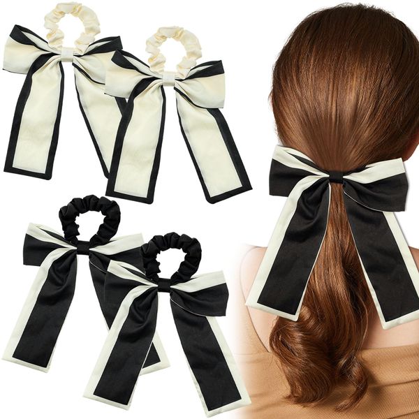 4 Pcs Silk Bow Elastic Hair Ties Large Black White Ponytail Holder Scrunchies Bowknot Ribbon Hair Scrunchy Bands Vintage Chiffon Hair Ties with Bow Accessories for Women Girls