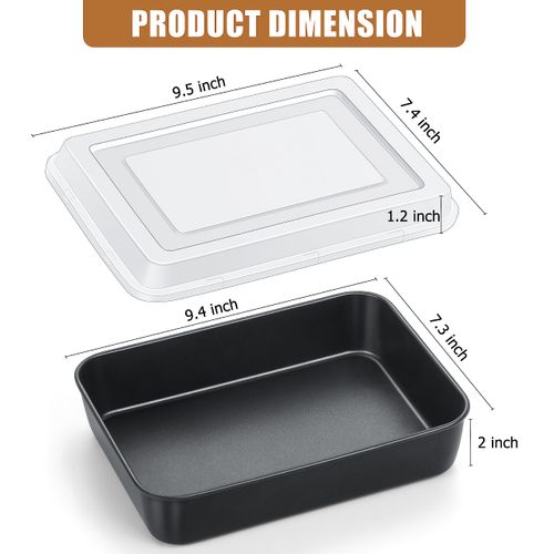 E-far Baking Pan with Lid, 9.4 x 7.3 x 2 Inch Nonstick Rectangle Stainless Steel Cake Pan Sheet for Toaster Oven, Small Black Bakeware for Cakes Brownies Casseroles, Non-toxic & Healthy, Set of 2