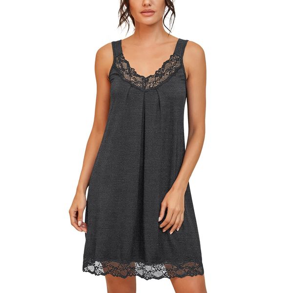 PrinStory Nighties For Women Full Slips Womens Nightdresses Lace Women'S Nightwear Loose Chemise Sleepwear V-Neck Nightgown (Dark Grey, S)