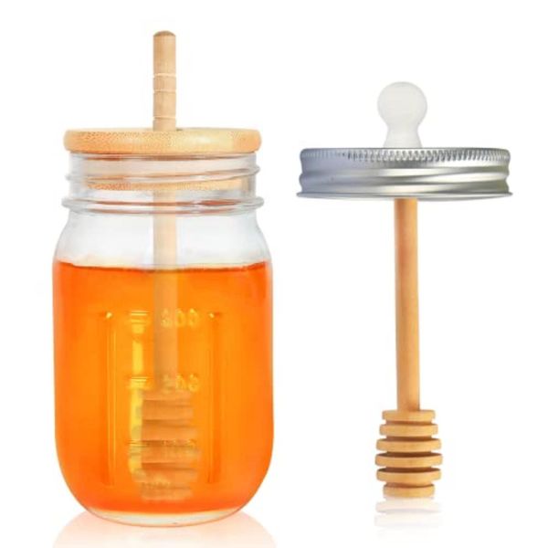 GIVAMEIHF16oz Honey Pot,Glass Honey Jar with Dipper Stick-Extra Mason Jar Honey Dipper Lid,Honey Containers with Wooden Dipper,Honey Jar for Storing Honey,For Christmas Gift,Home Kitchen